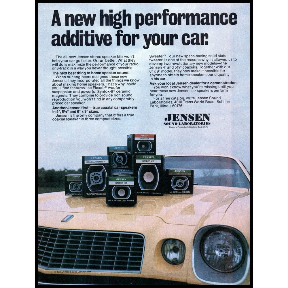 1976 Jensen Car Stereo Speakers Vintage Print Ad Chevy Camaro Hood Grill Photo